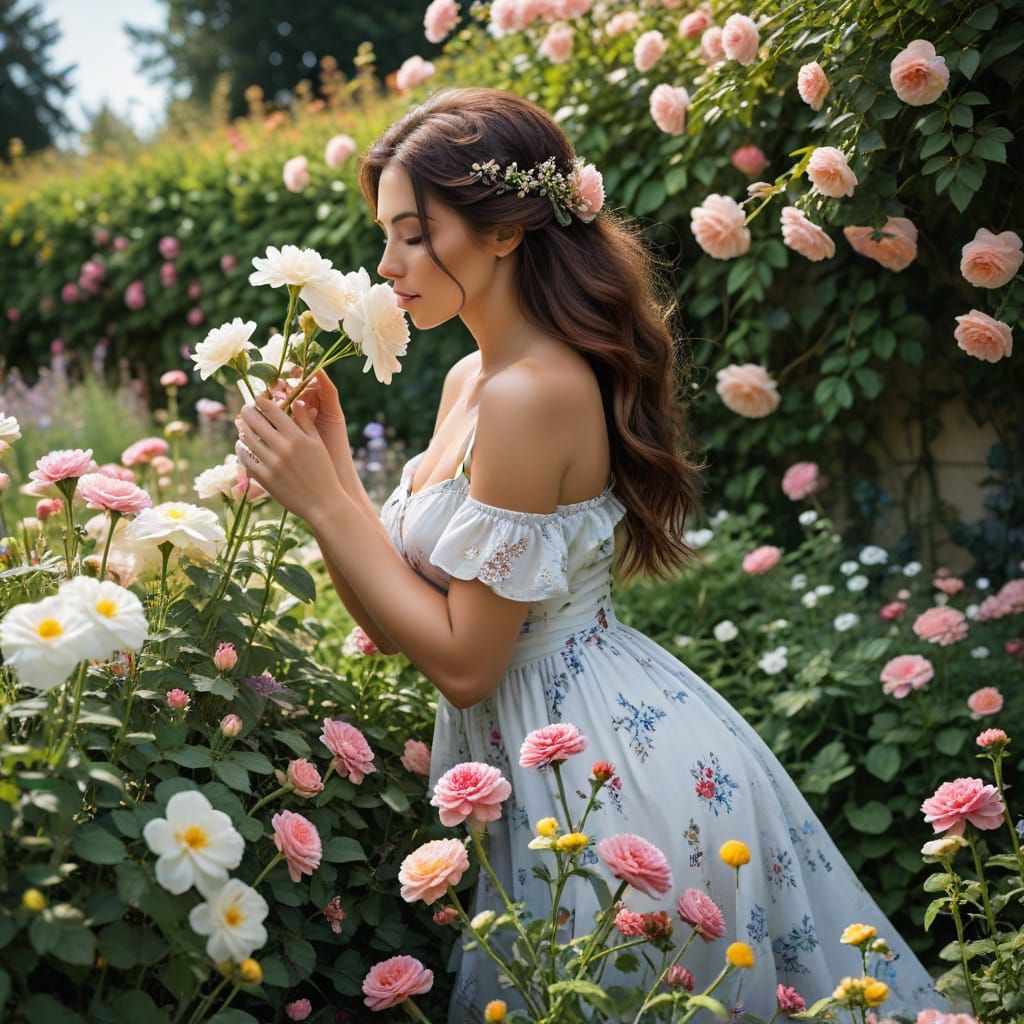 Woman Sensually Smelling Flowers in a Garden