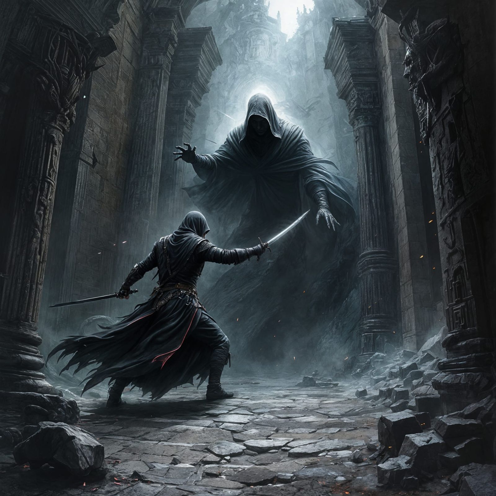 Dark Fantasy Assassin in Deadly Temple Combat