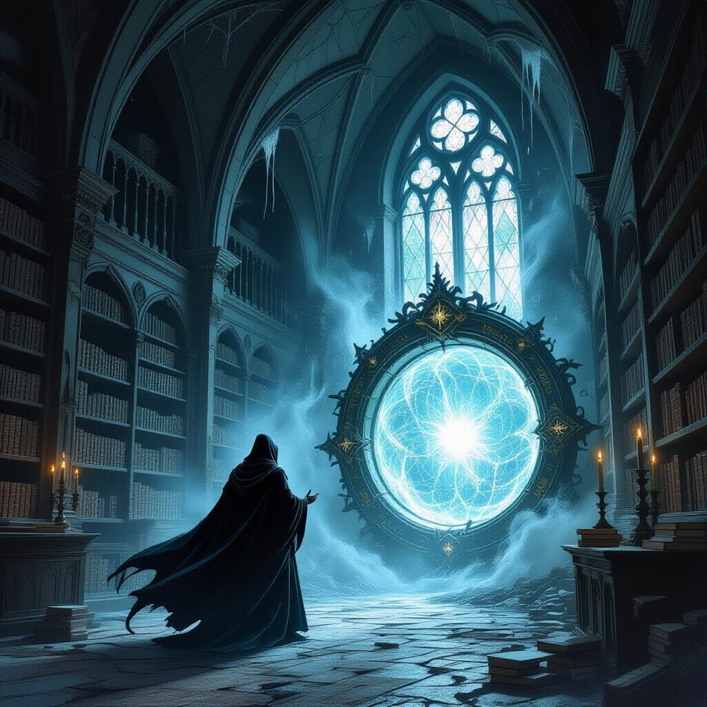 Shadow Wizard and Swirling Portal in Gothic Library
