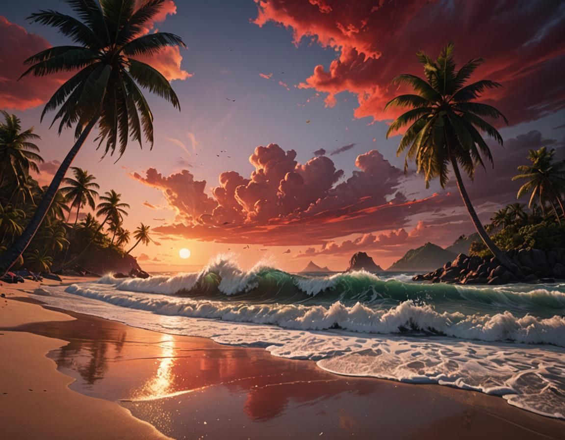 Tropical Beach Sunset with Crimson Sky