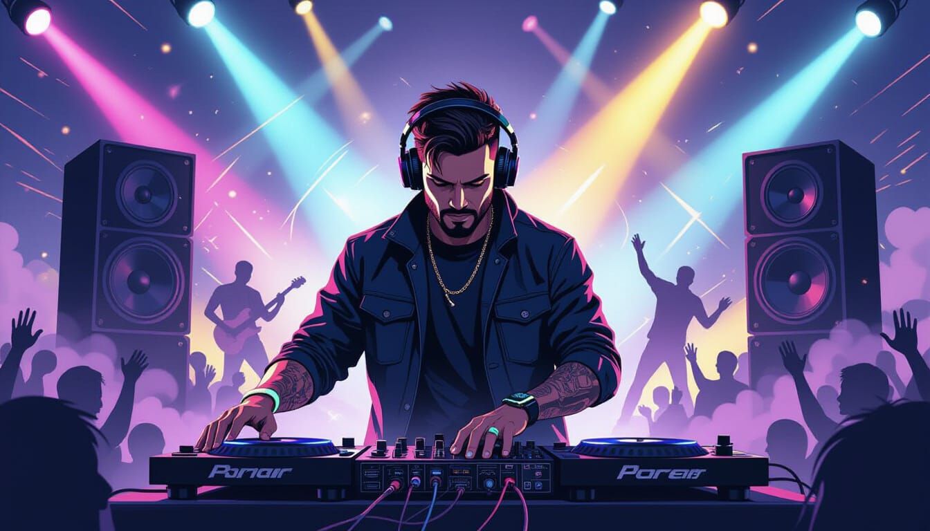 Dynamic DJ Performance with Vinyl and Soundwaves