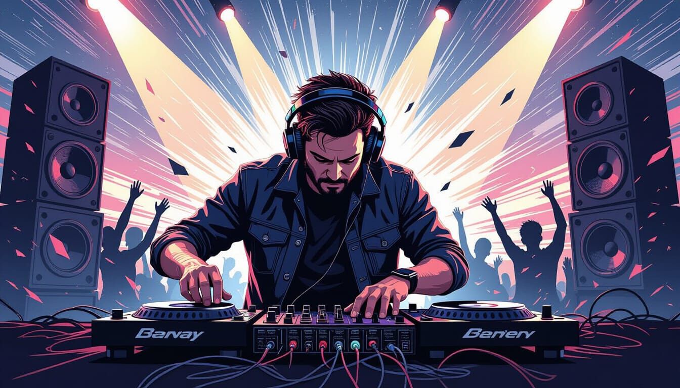 Dynamic DJ Performance in High-Contrast Ink Style