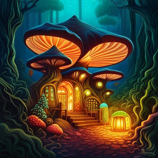 Psychedelic Mushroom Gnome Homes in Fantasy Style