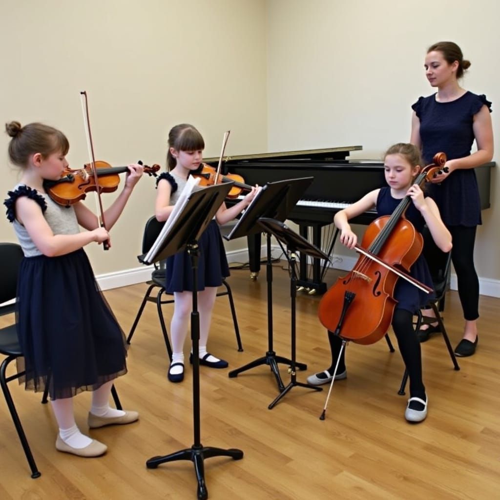Girls Practicing Violin and Cello in Music Room