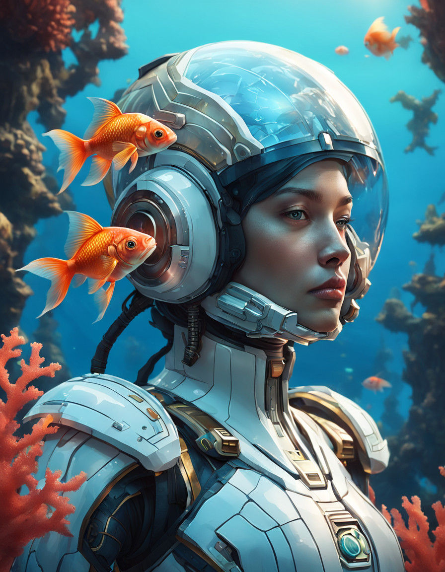 Futuristic Android Pilots Goldfish in Underwater City