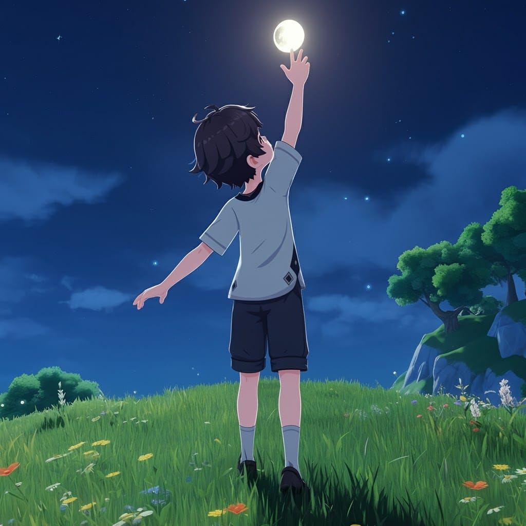 Boy Reaching for the Moon in Anime Style
