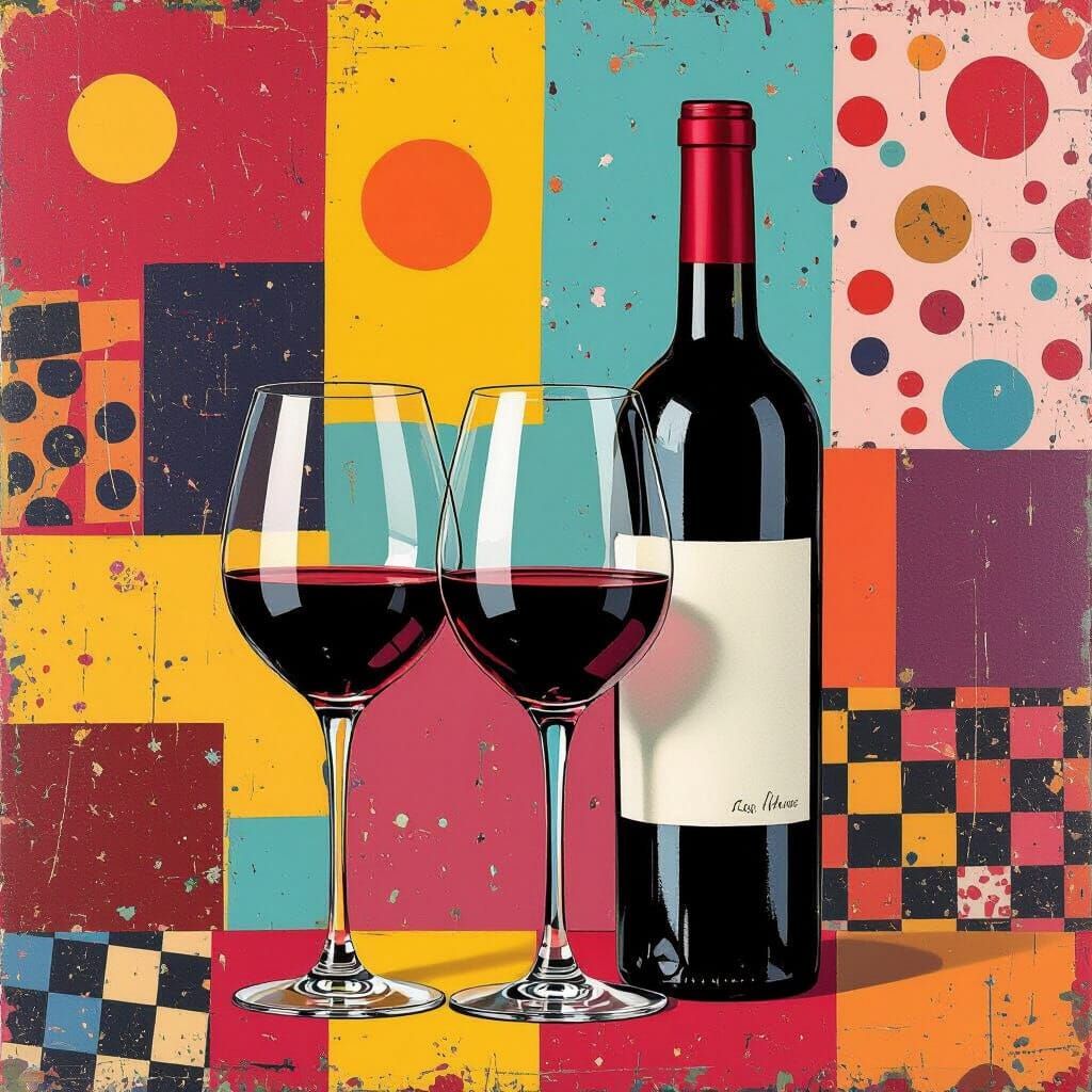 Vibrant Wine Collage in 90's Mixed Media Style