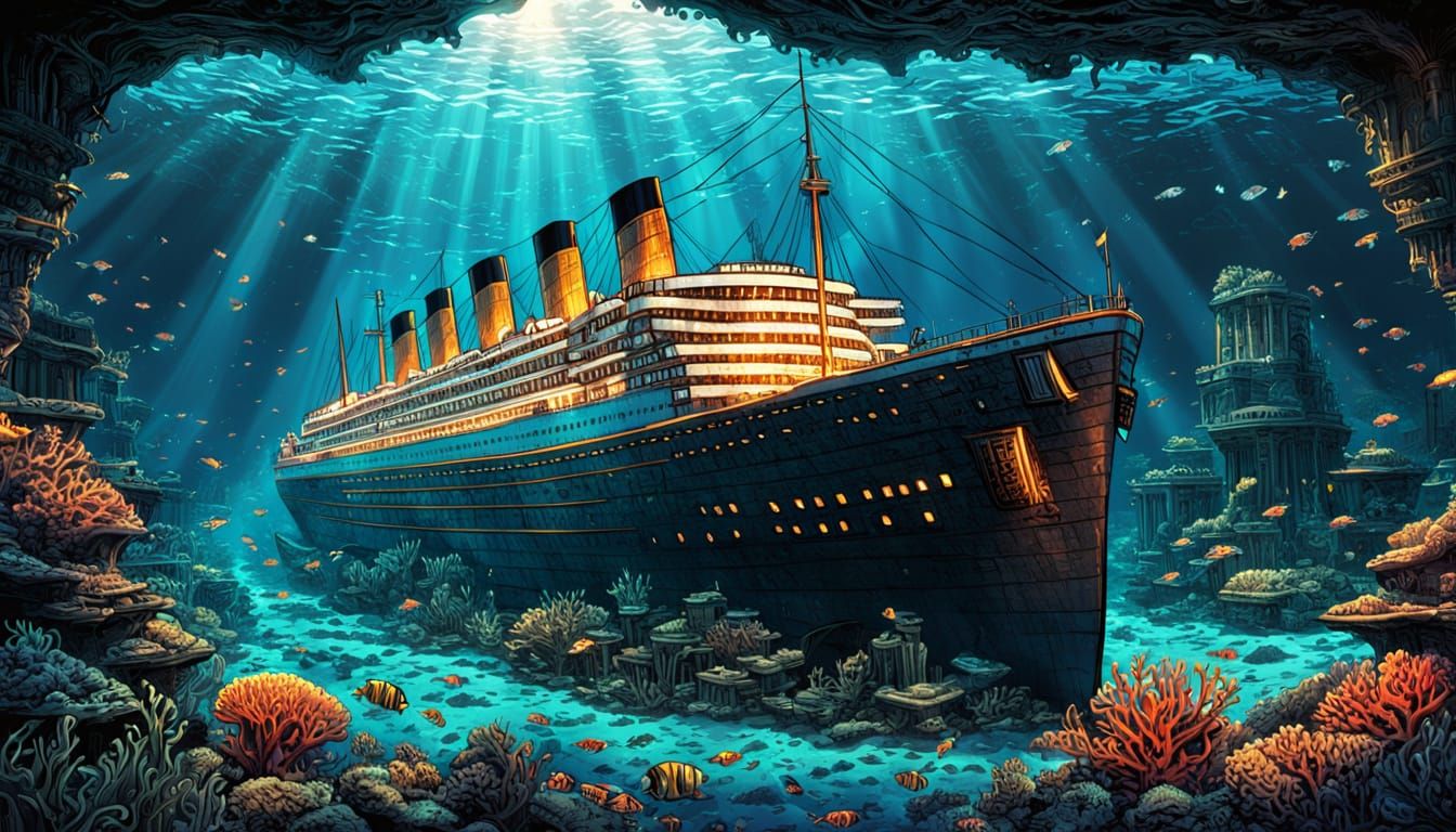 Titanic Underwater: Comic Book Style Coral Reef