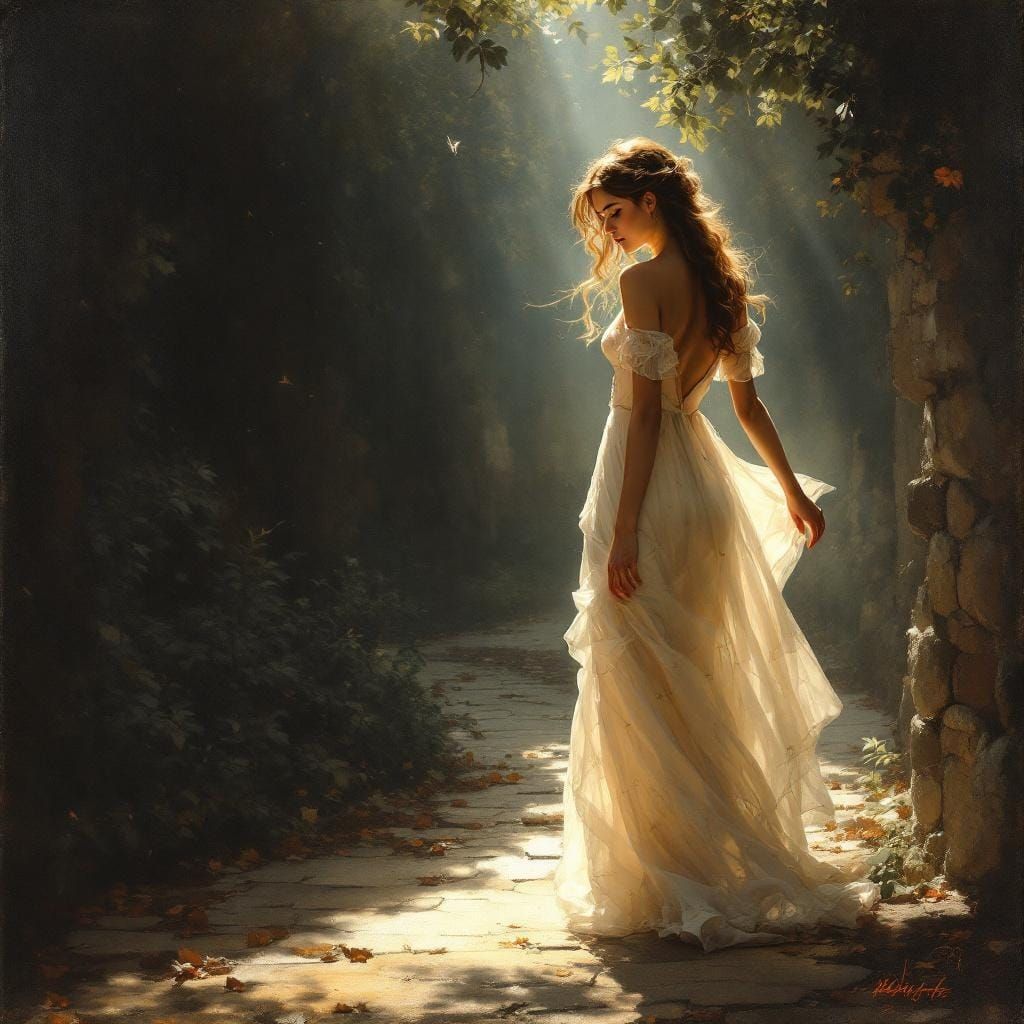 Woman Walking in Quiet Street, Romantic Lighting