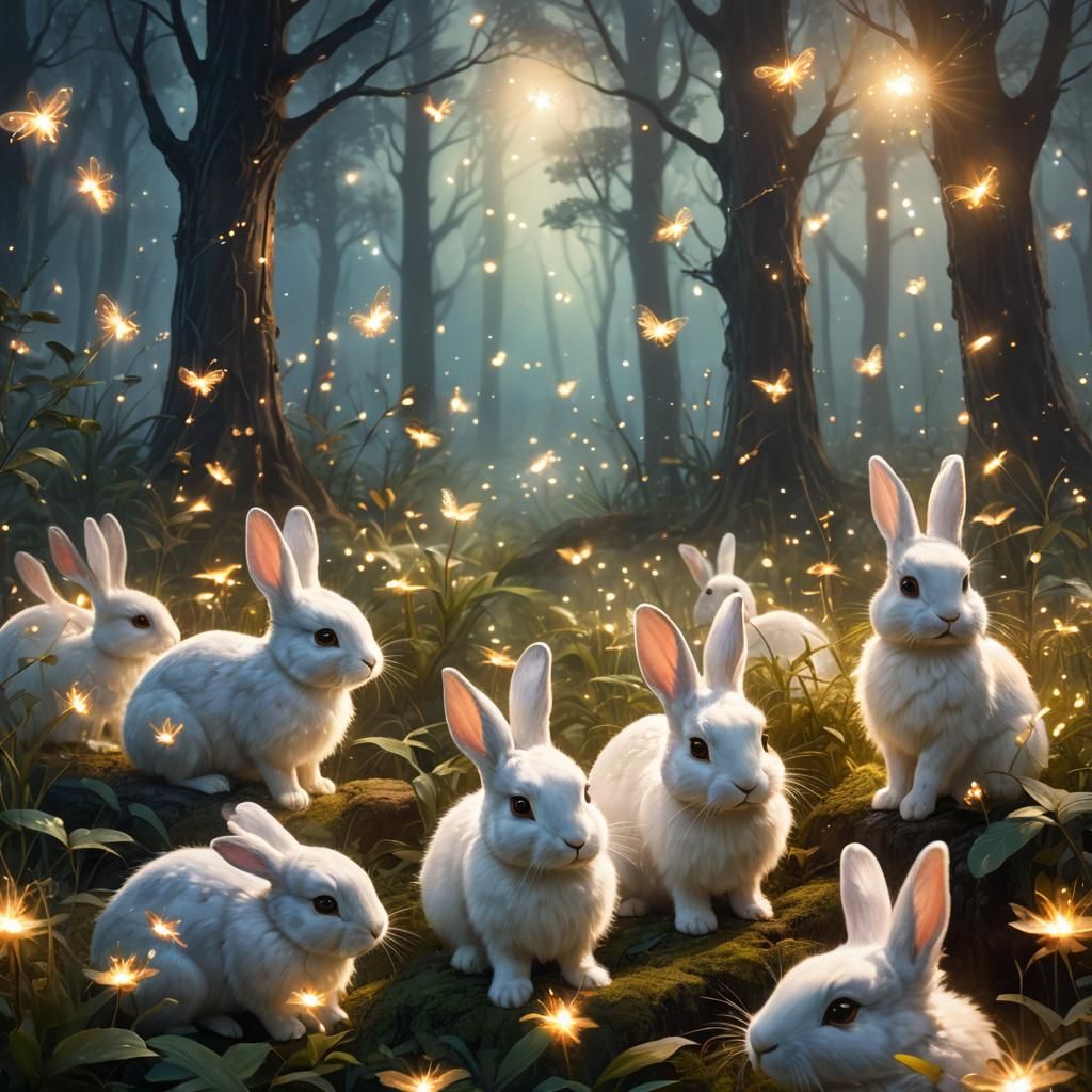 Cute Rabbits in Mystical Forest, Digital Art