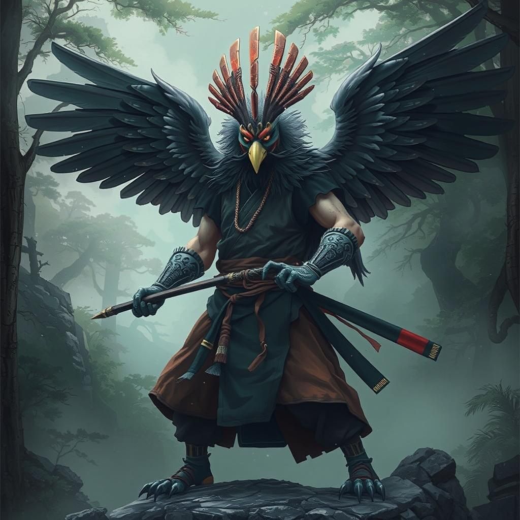 Tengu Warrior on Misty Peak in Japanese Art Style