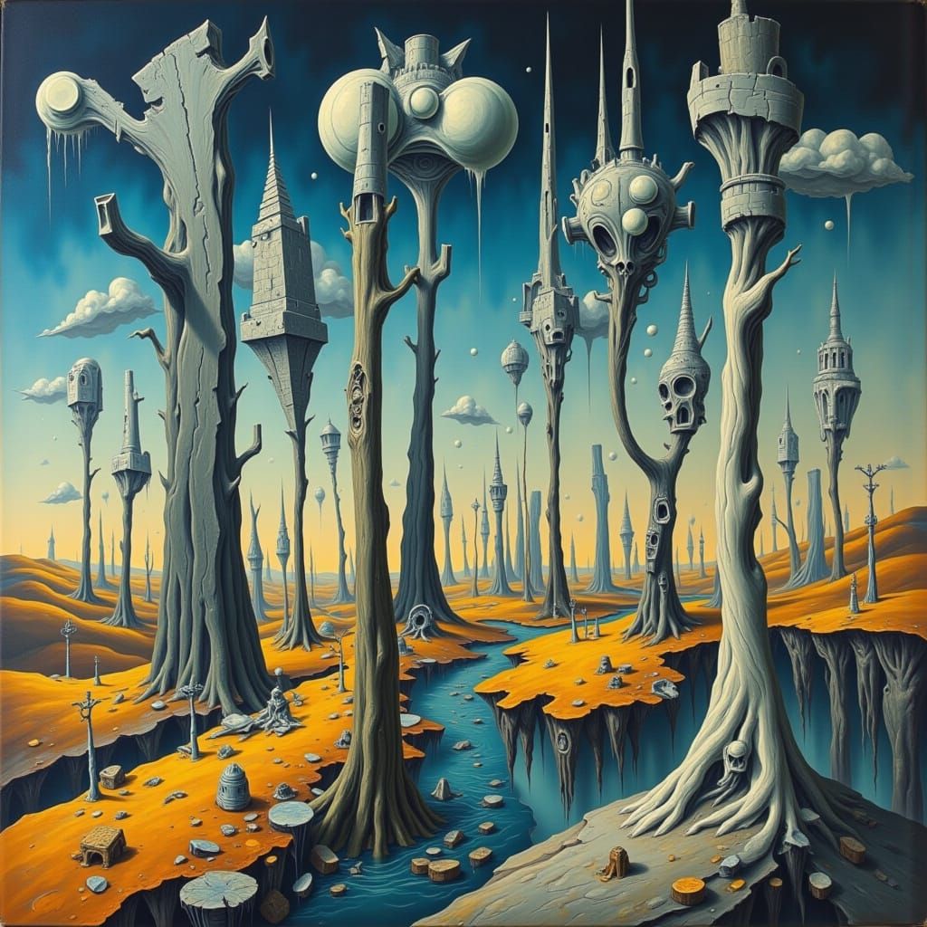 Surreal Landscape with Melting Trees and Distorted Buildings