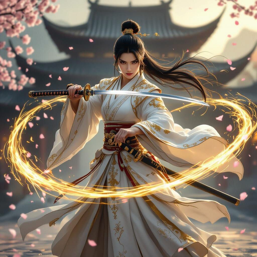 Warrior Woman in Golden Robes with Katana