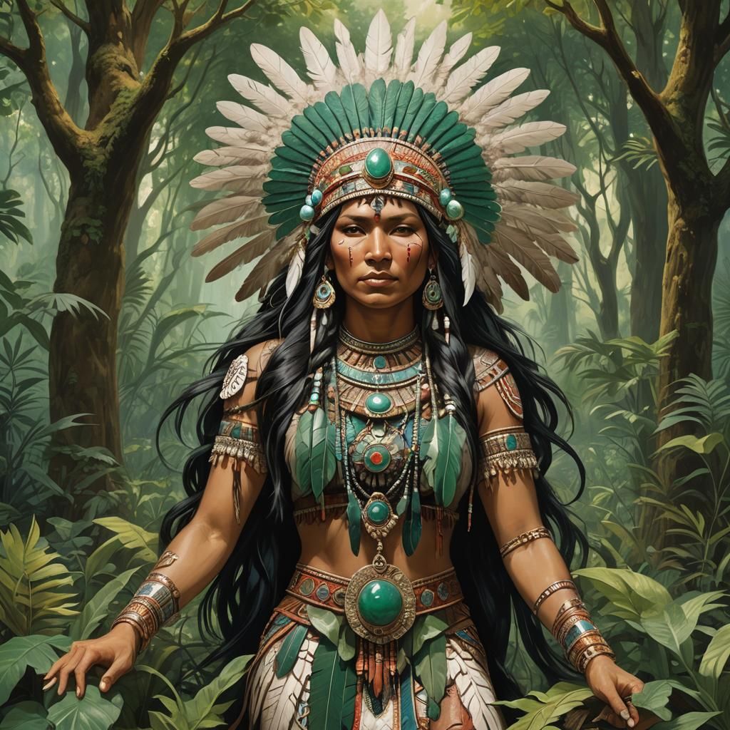 Mesoamerican Maiden in Sci-Fi Forest, Digital Art