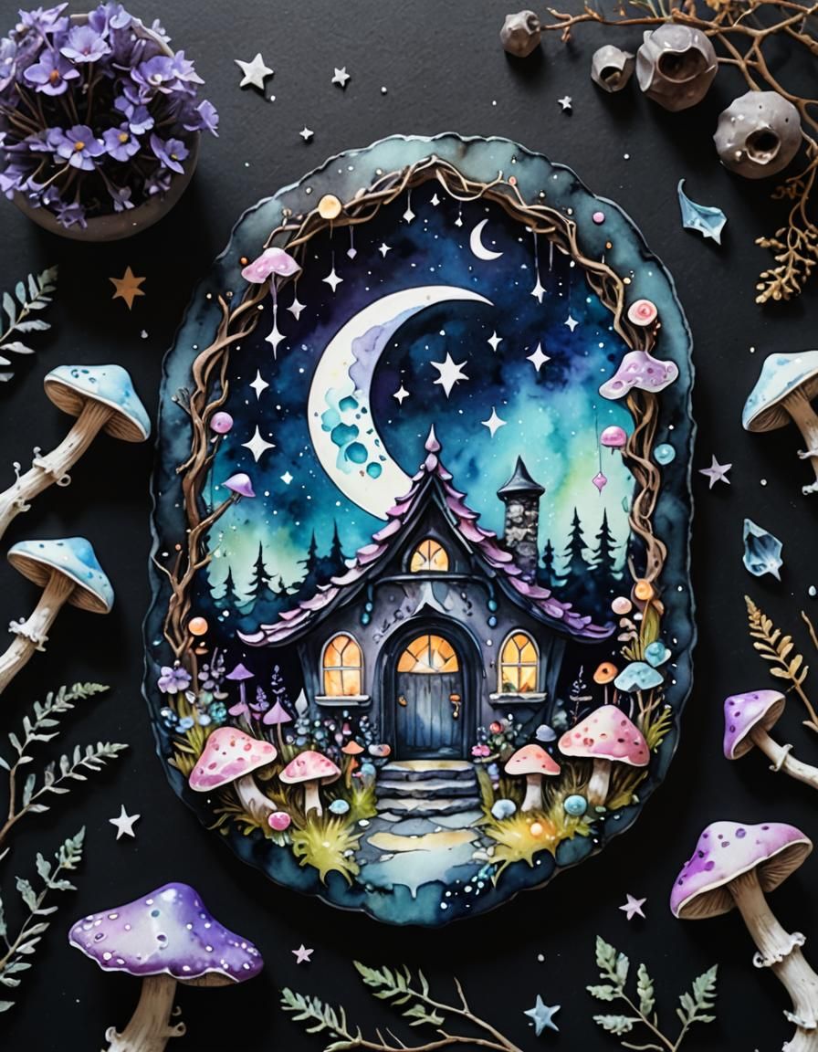 Cozy Pagan Home with Moon, Watercolor Pastel Goth