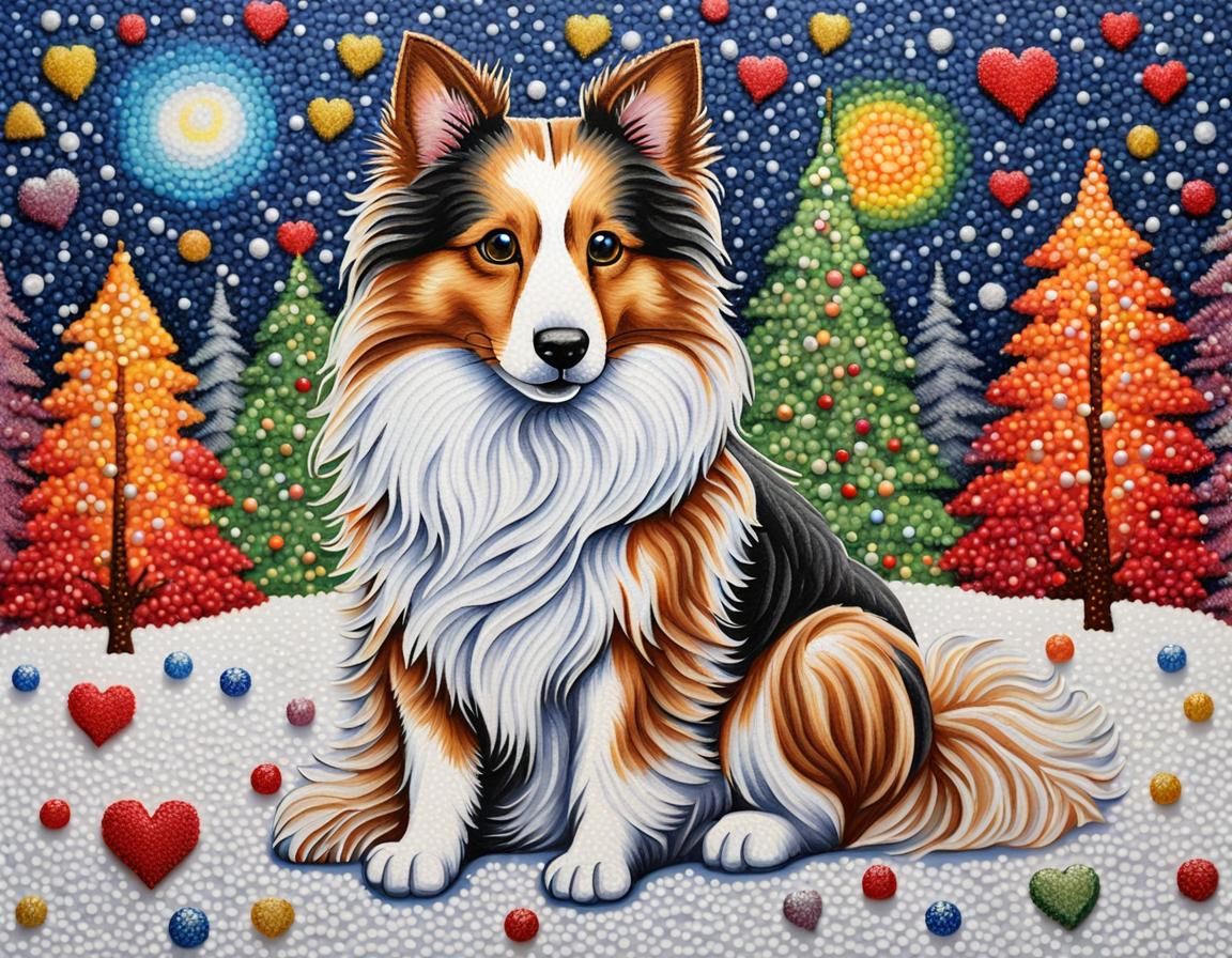 Beaded Pointillist Sheltie and Cat in Winter