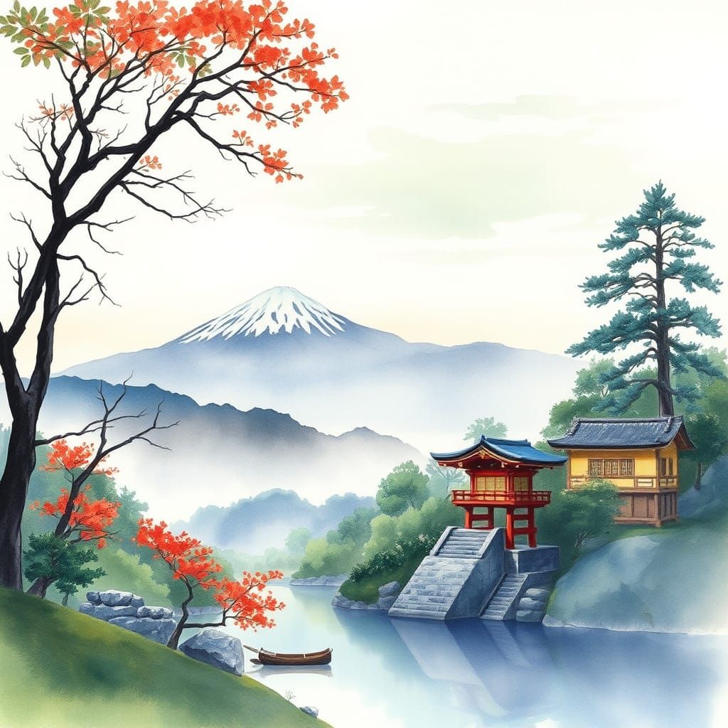 Watercolour.  Soothing Japanese landscape.