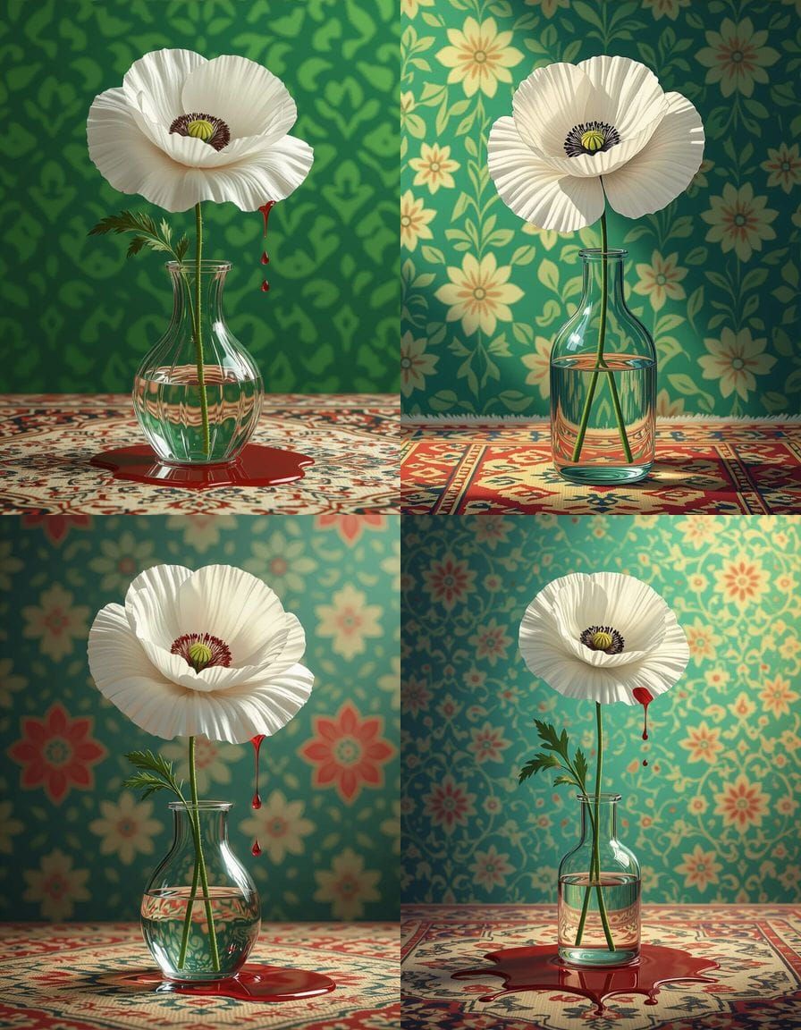 White Poppy with Dripping Blood, Hyperrealistic Splash Art