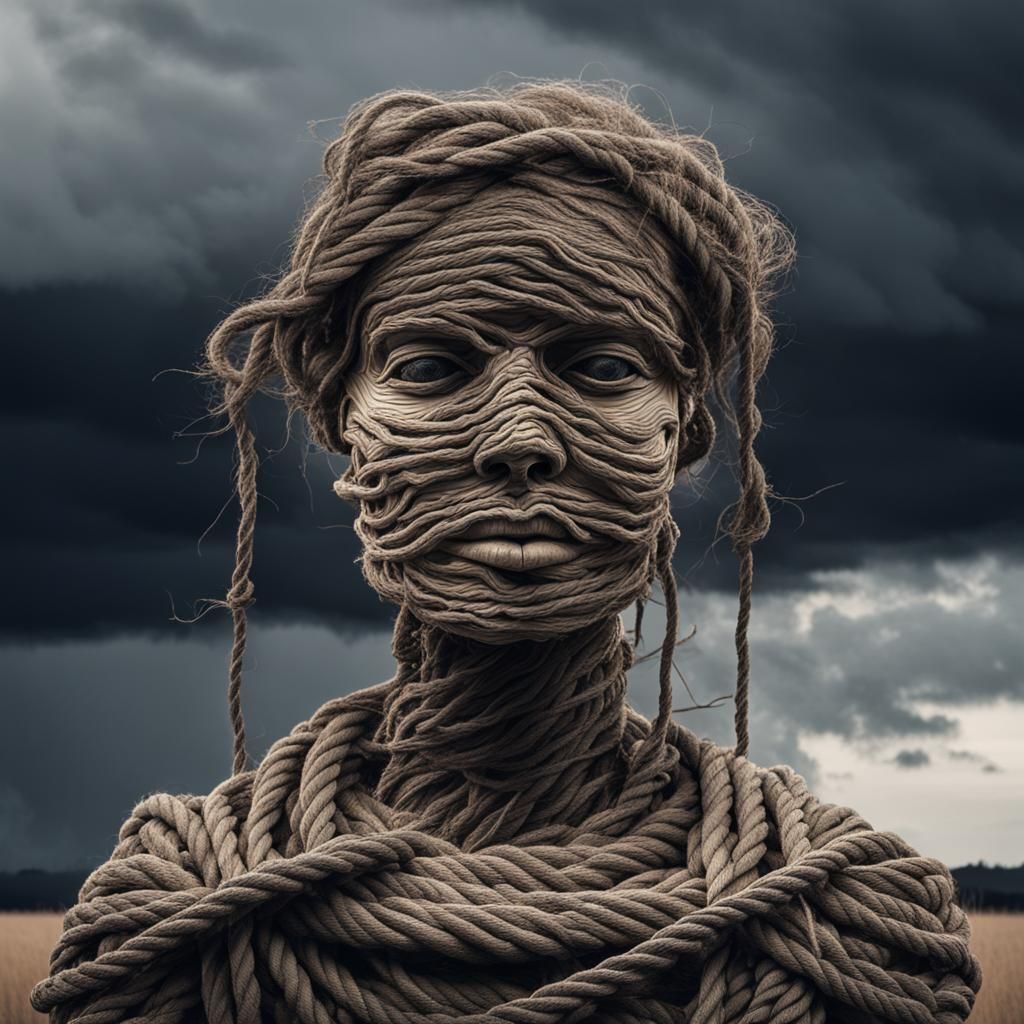 Rope Figure Standing in Stormy Rain