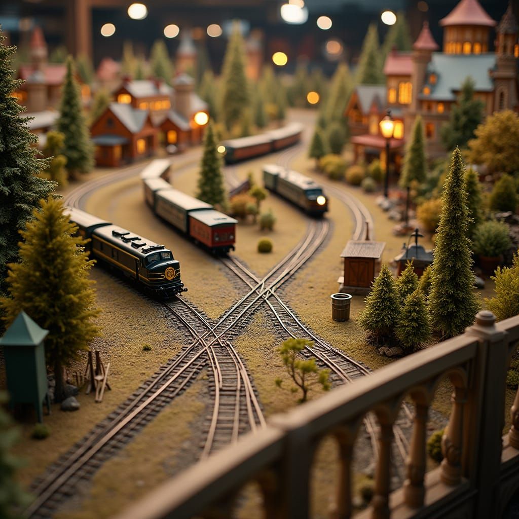Whimsical Miniature Train Display in Warm, Golden Light