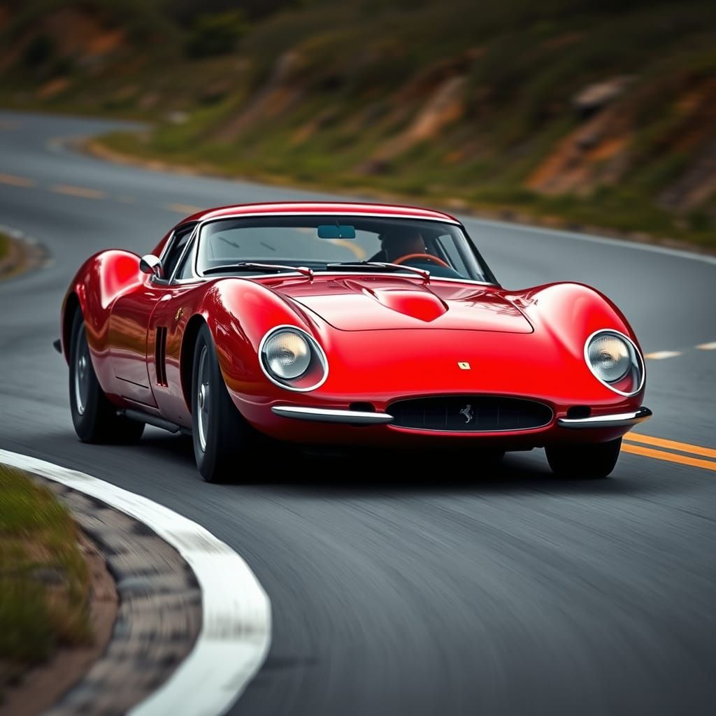 Red Ferrari 250 GTO Races Down Winding Road