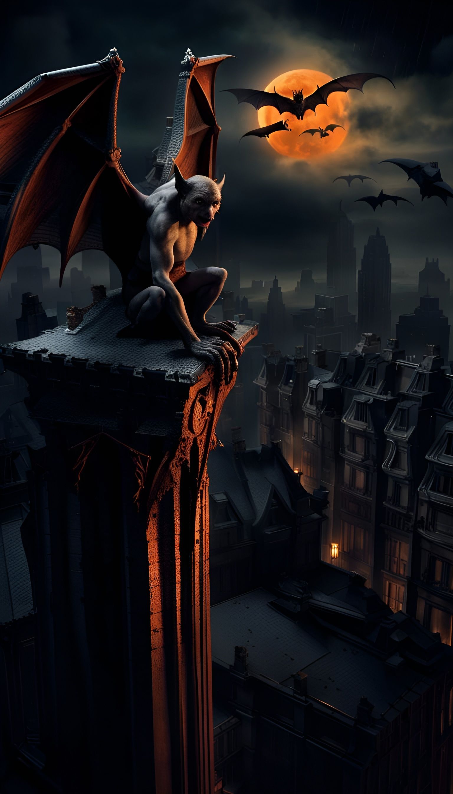 Victorian Gargoyle on Tower at Night