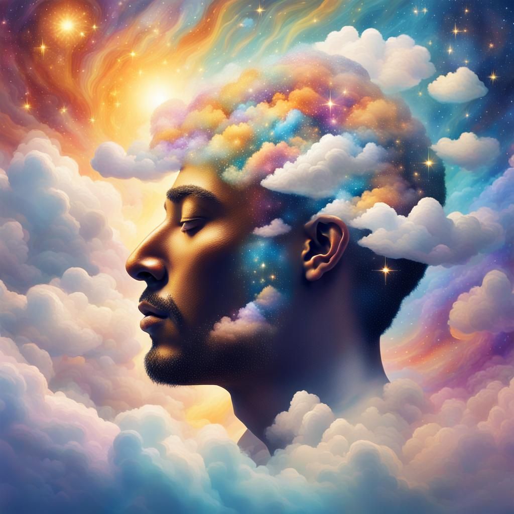 Cosmic Head Floating in Dreamy Ethereal Clouds
