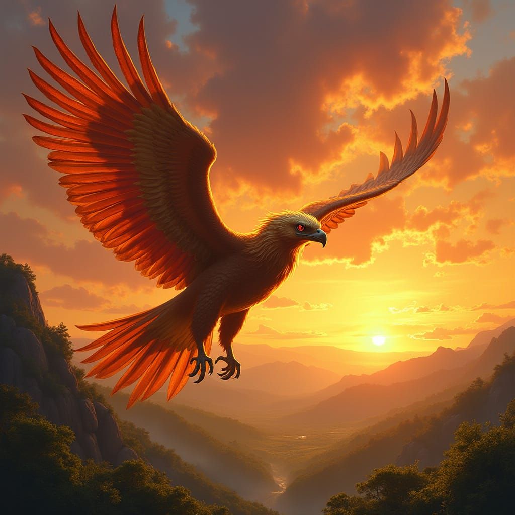 Griffin Soaring at Sunset in Fantasy Realism