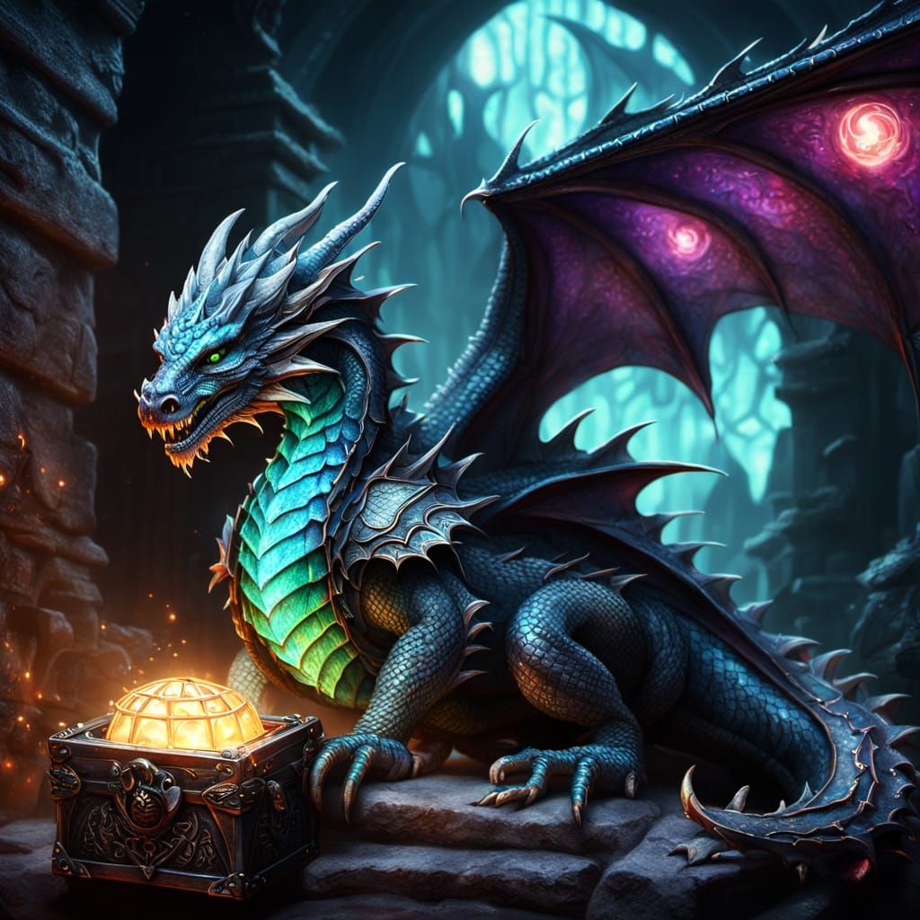 Dragon Guarding a Glowing Treasure Chest
