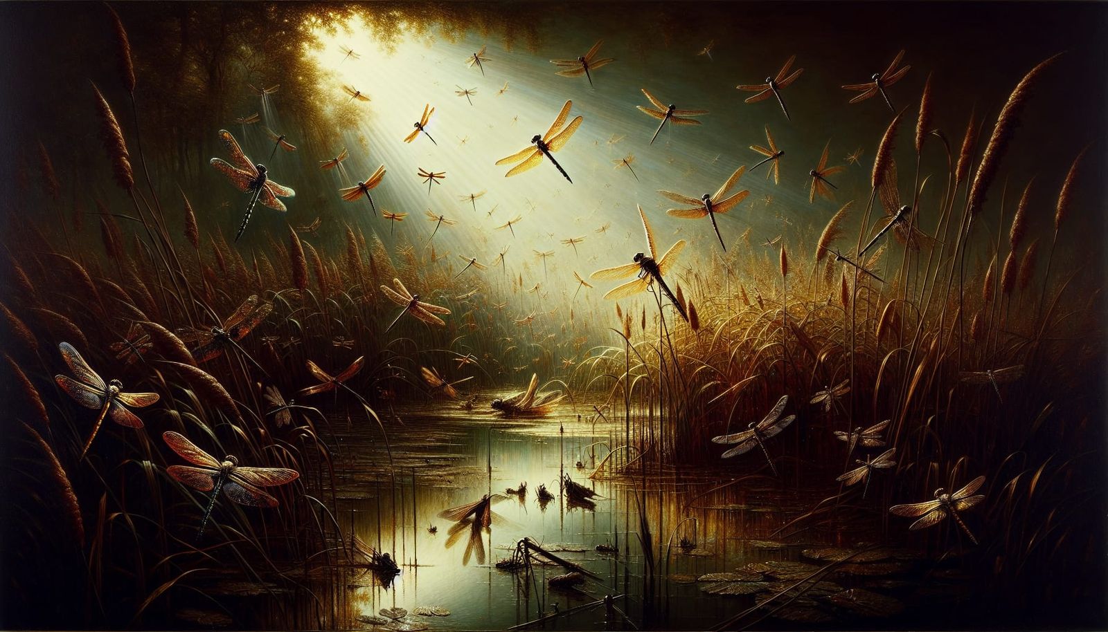 Tenebrist Dragonflies in Flight, Serene Pond Scene