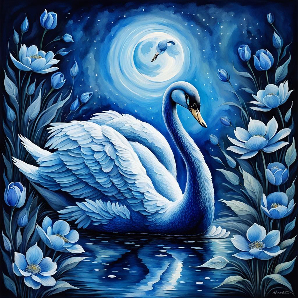 Majestic Blue Swan in Ethereal Watercolor Art