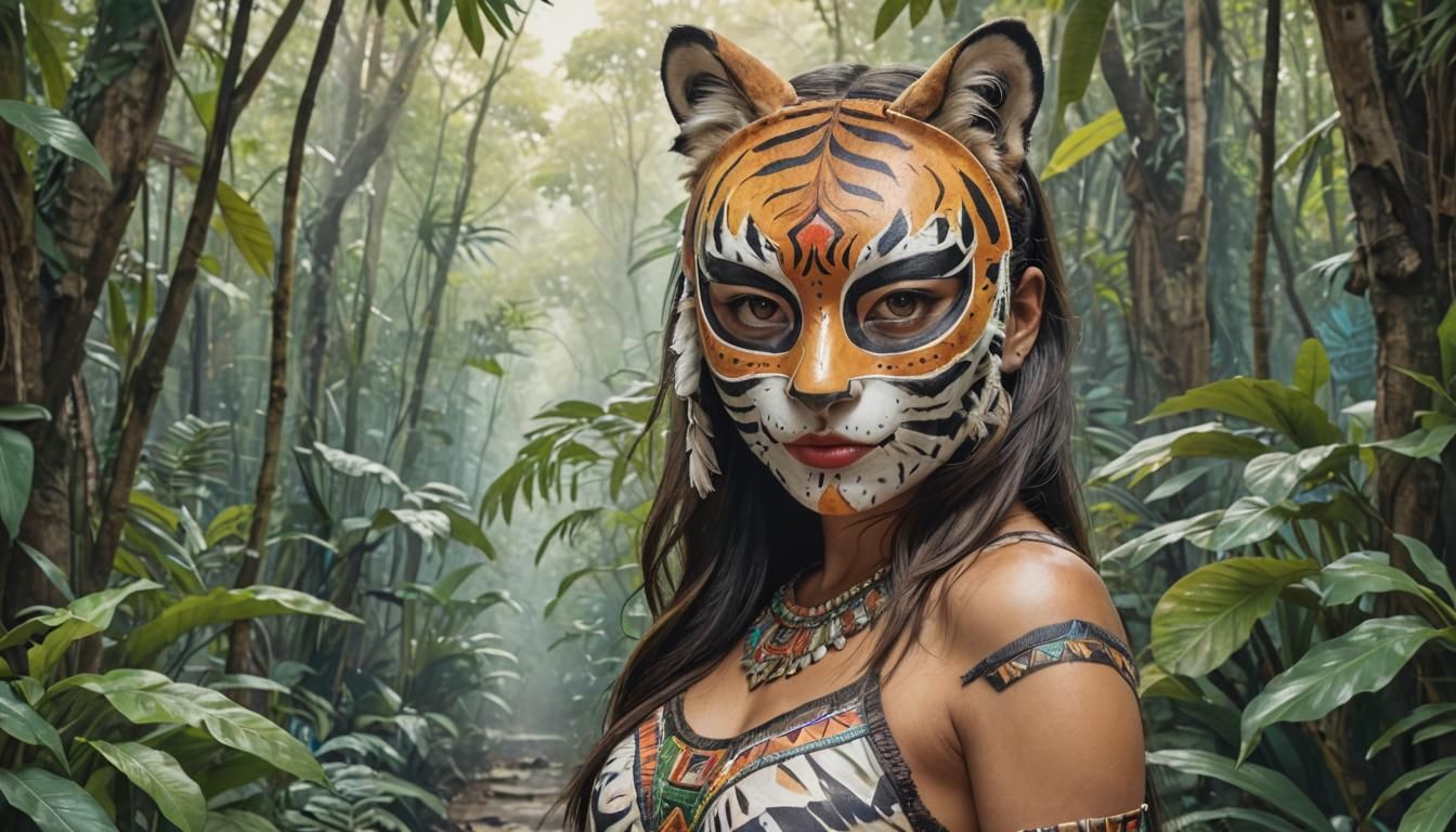 Watercolor Aztec Woman in Junglescape with Tiger Mask