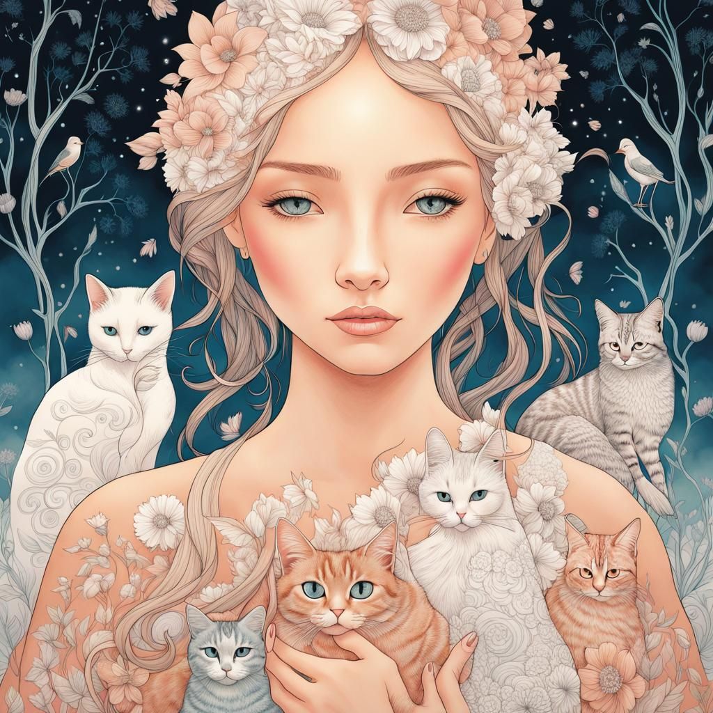 Enchanted Girl with Cats: Vector Line Art Fairytale