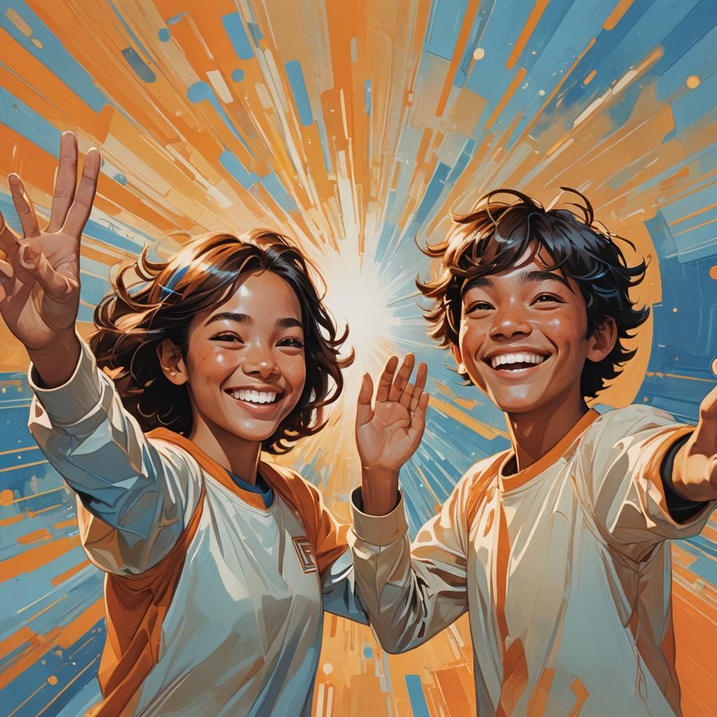 Ecstatic Teens High-Five in Futuristic 3D Rendering