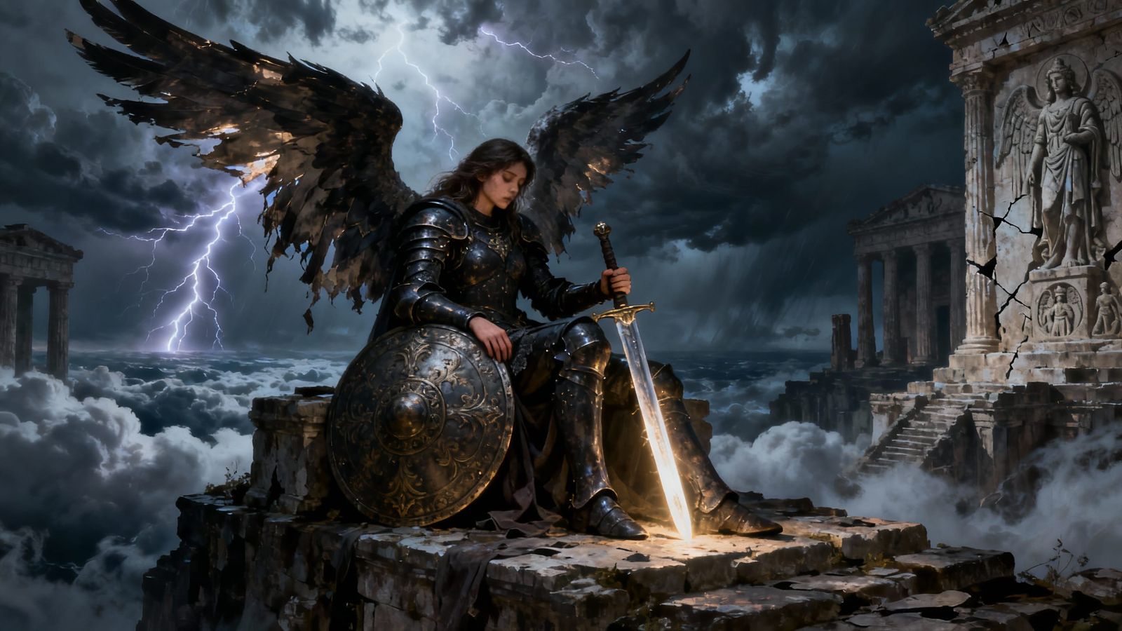 Battle-Worn Angel Guards Ancient Temple Ruins