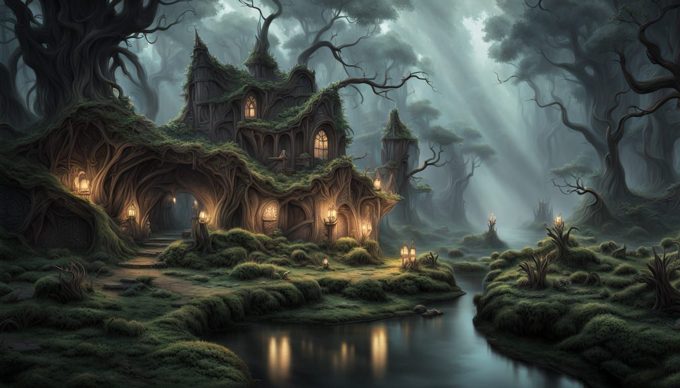 Ancient Bioluminescent Village in Mystical Swamp