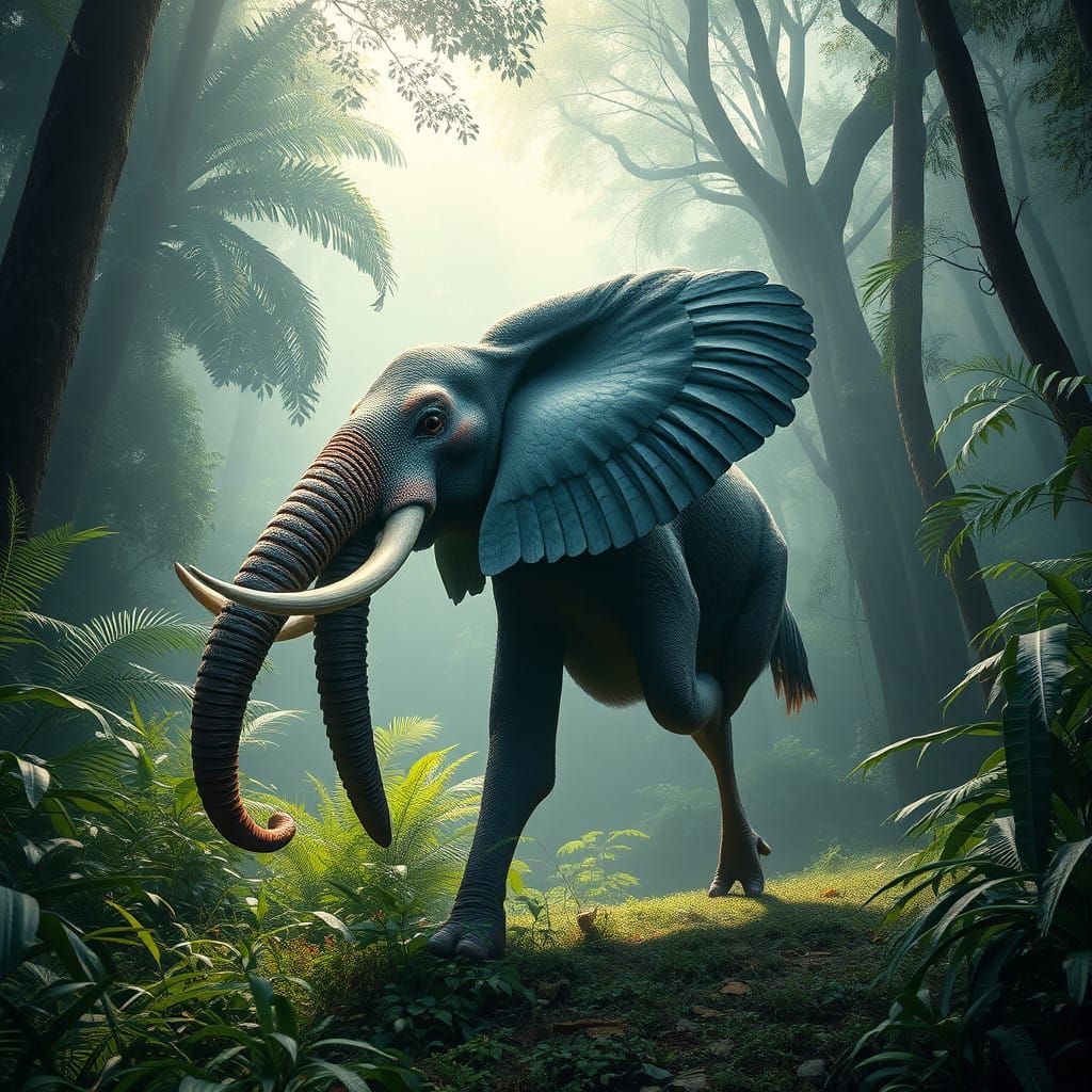 Majestic Elephant Bird Wandering Through Rainforest in Hyper...