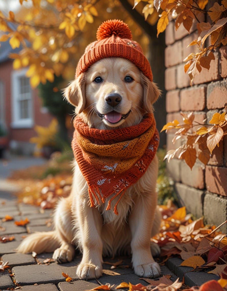 Golden Retriever Puppy in Autumn Leaves