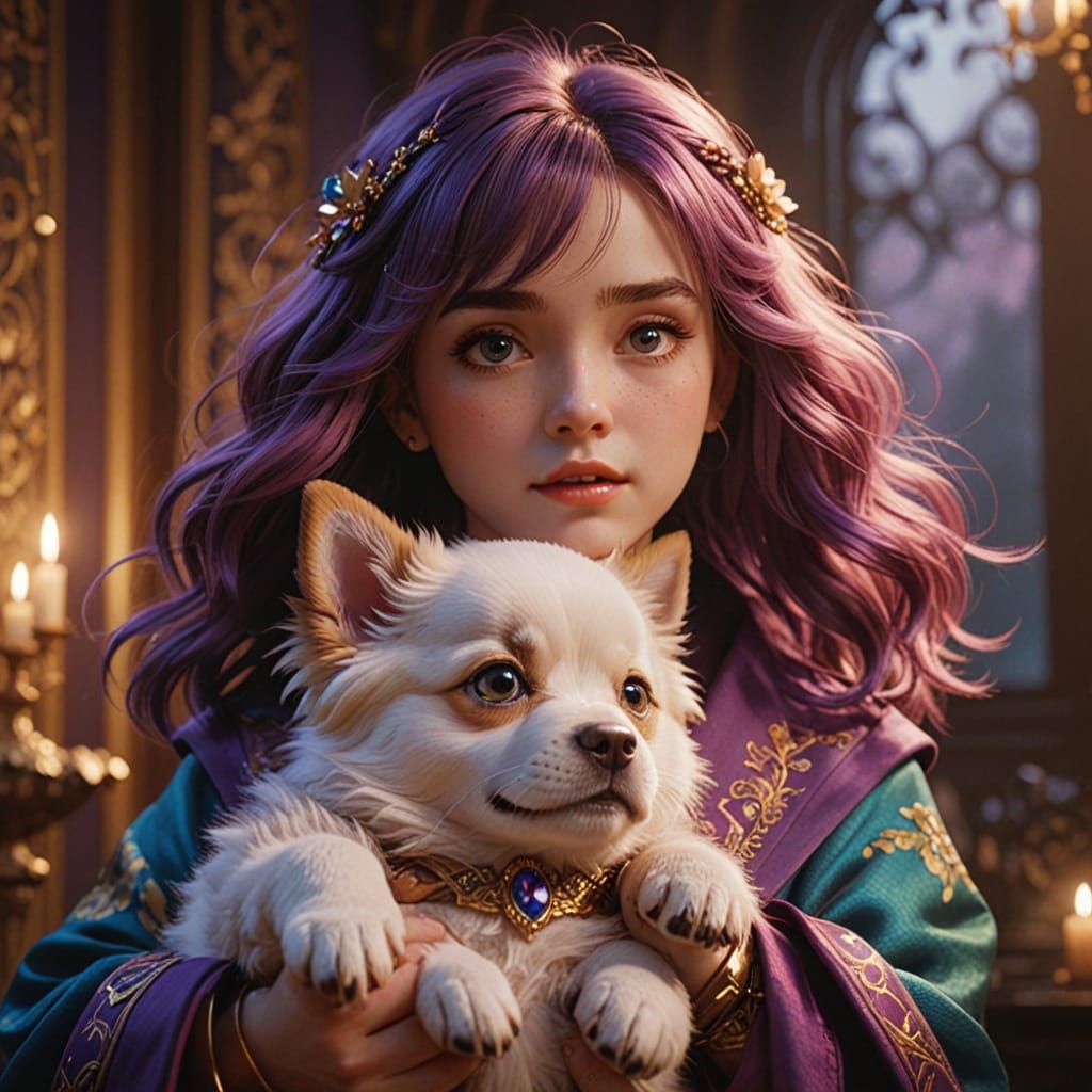 Vibrant Anime Portrait of Emma Puppy in Whimsical, Iridescen...