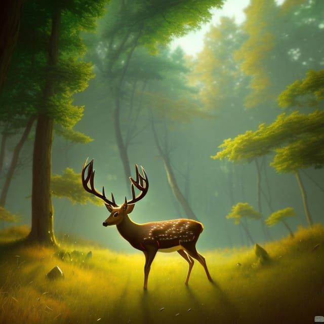 Surrealist Deer in Woods: Art Deco Style