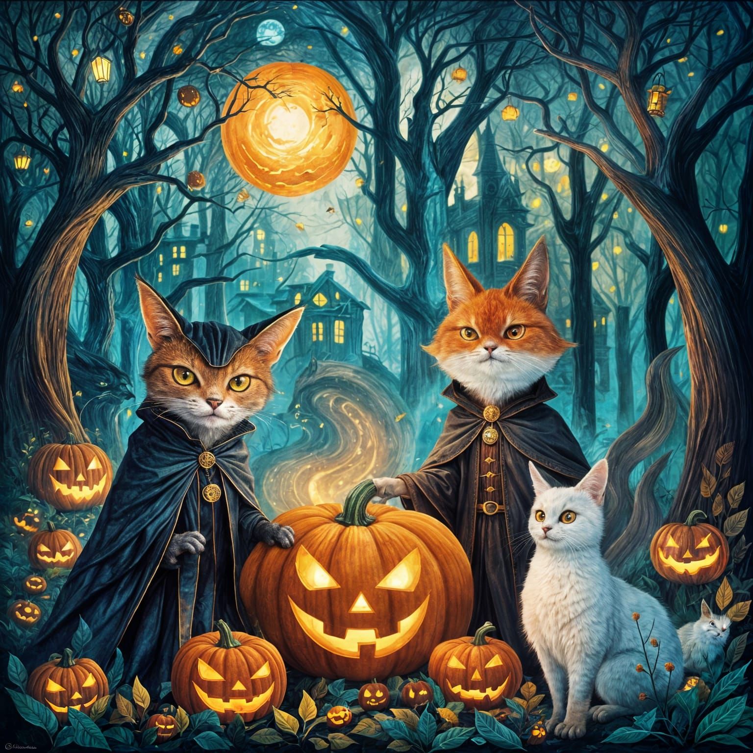 Whimsical Halloween Animals in Surreal Dreamscape