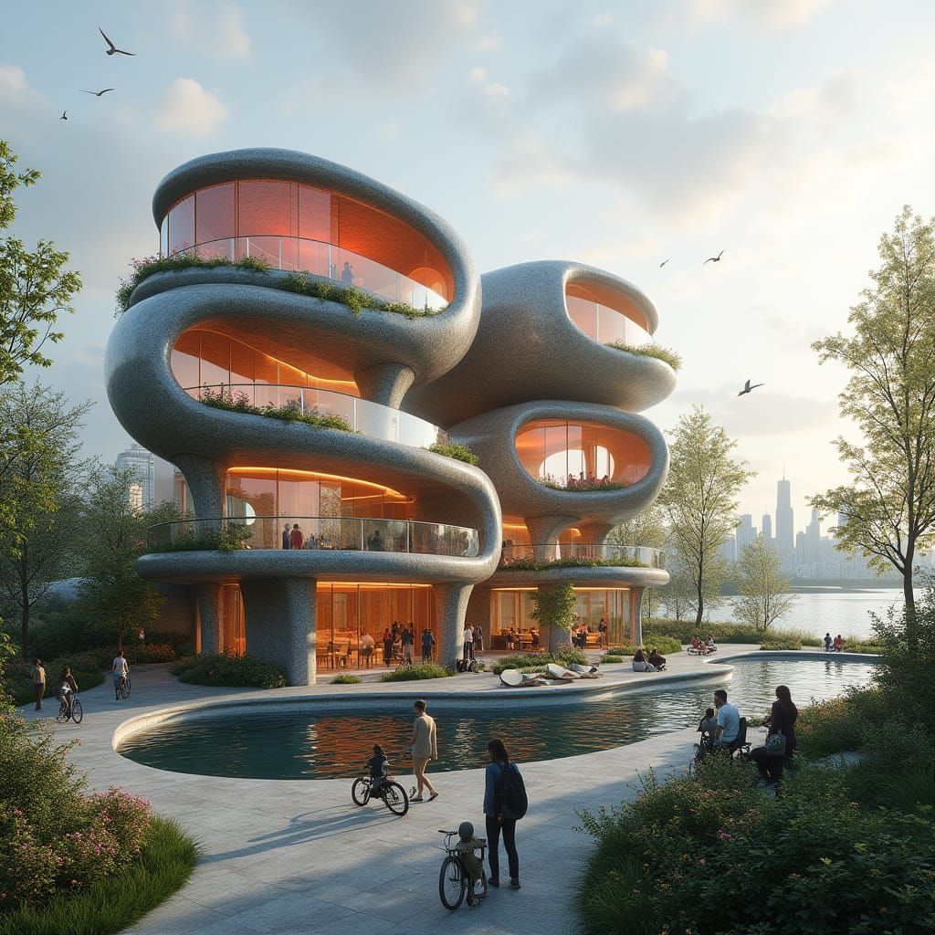 Ethereal Flower-Shaped Building in Cyberpunk Style