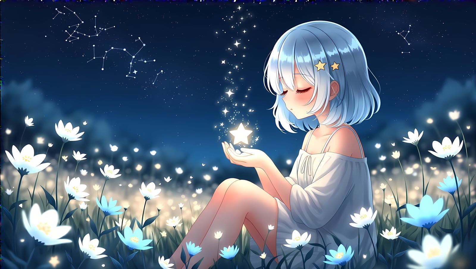 Anime Goddess Amidst Glowing Night Blooms