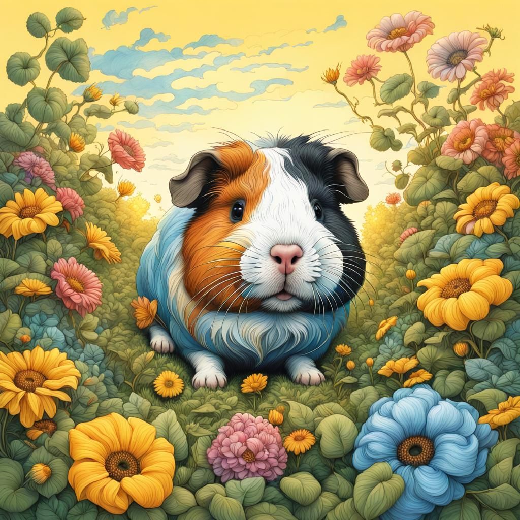 Hyperrealistic Guinea Pig in Swirling Garden