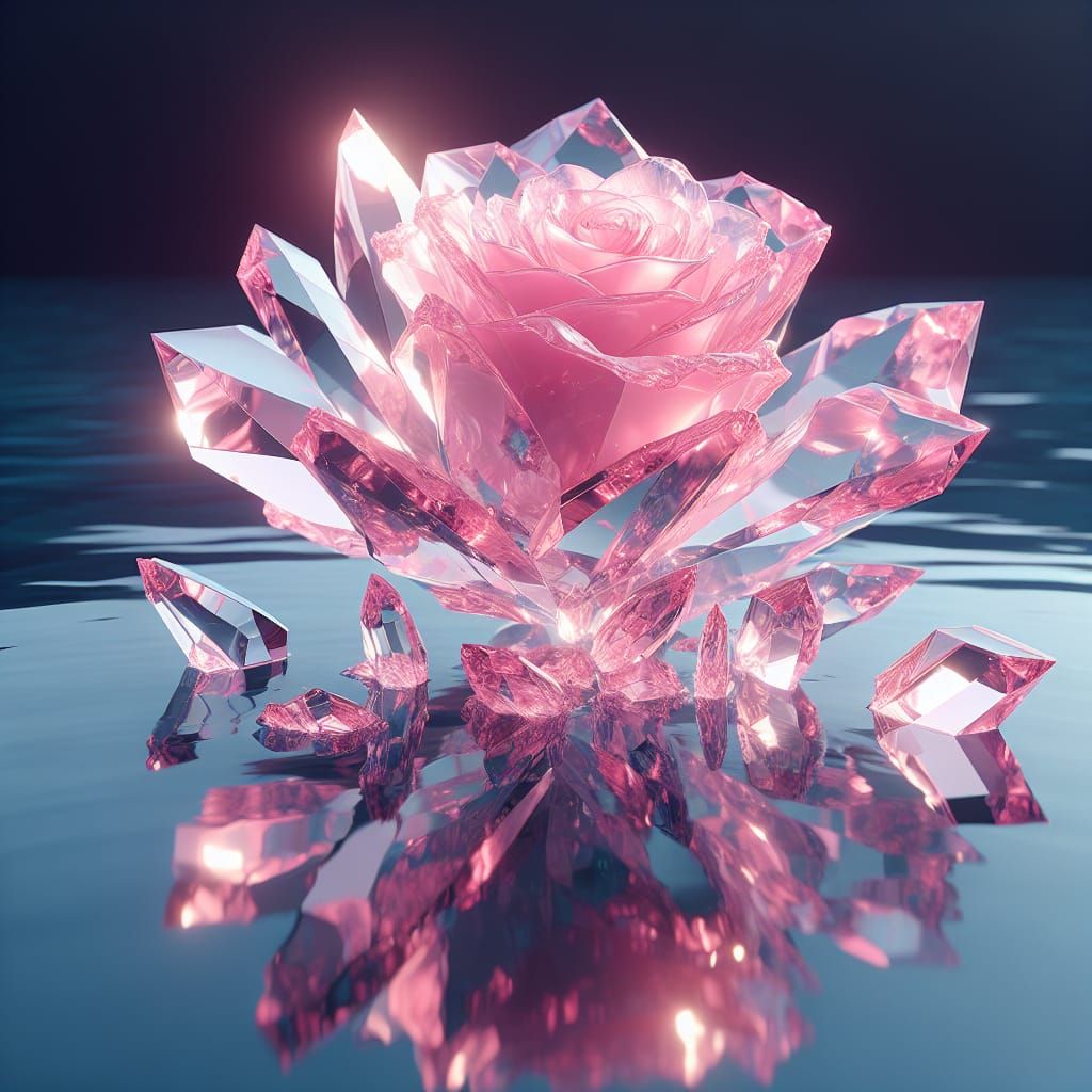 Shimmering Pink Rose Crystal Floating on Water