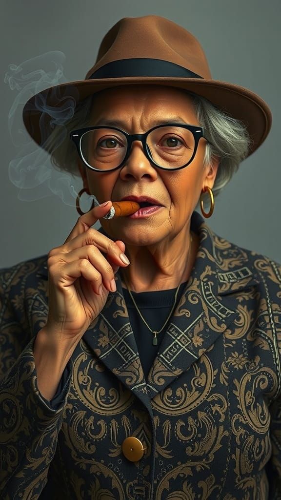 Tranquil Black Woman in Fedora with Cuban Cigar