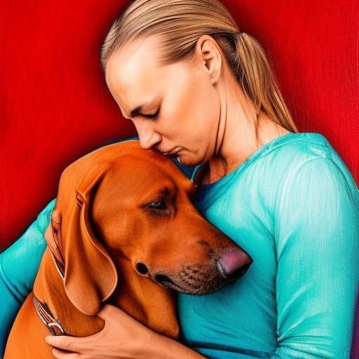 Woman Comforted by Dog, Hyperrealistic Splash Art