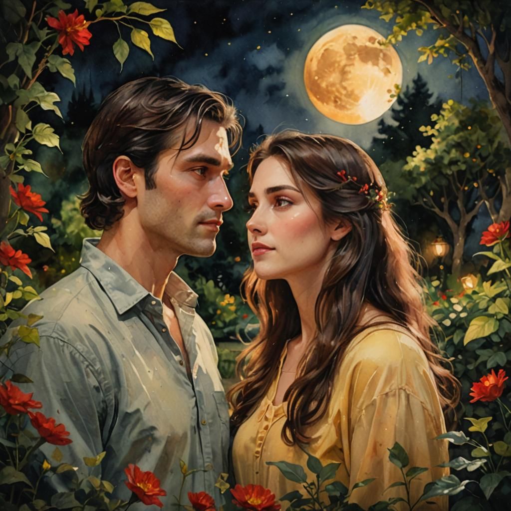 Romantic Couple in Moonlit Garden Watercolor Portrait