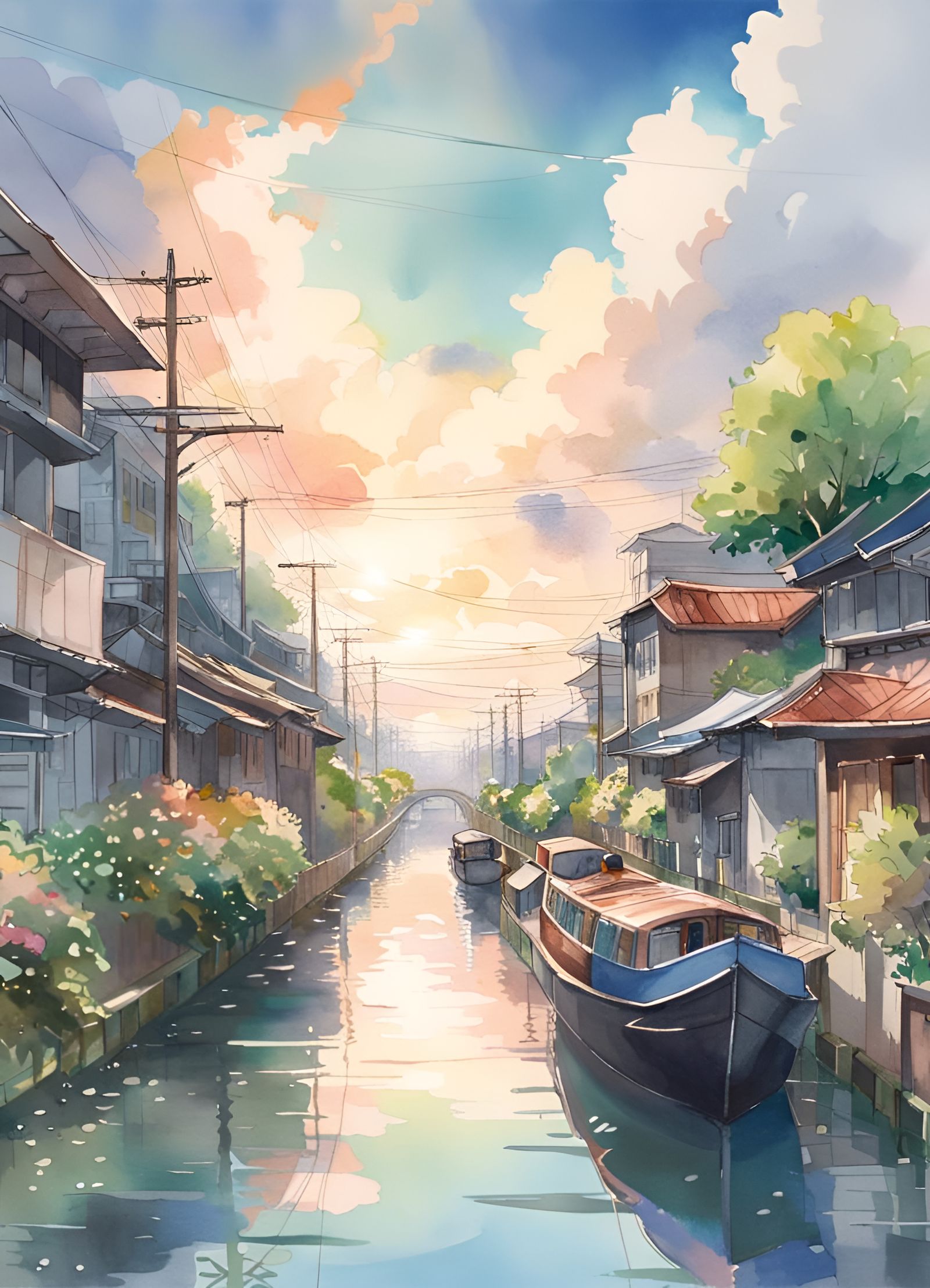 Bangkok Canal Watercolor in Anime Style