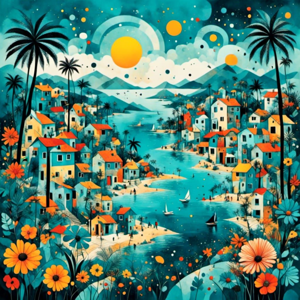 Abstract Geometric Tropical Village in Bauhaus Style